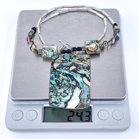 Vintage Sterling Silver 925 Abalone Ebony Pendant Necklace 16.5" - Picture 7 of 7